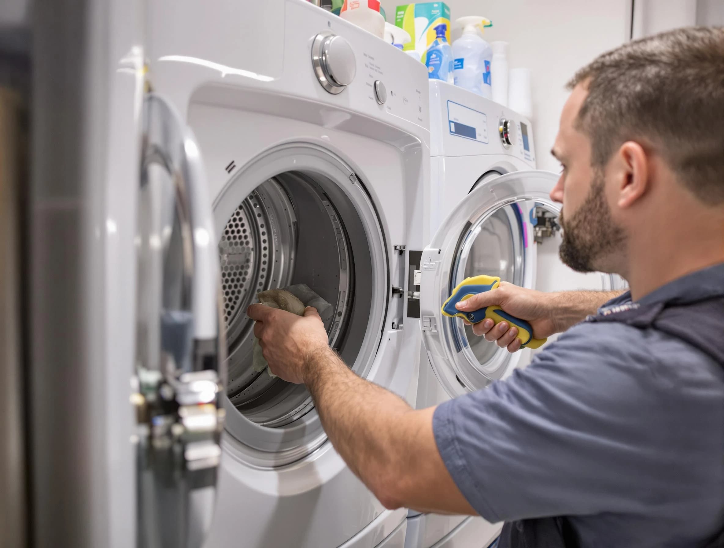 Costa Mesa Dryer Vent Cleaning specialist removing lint buildup from a dryer lint trap system in Costa Mesa