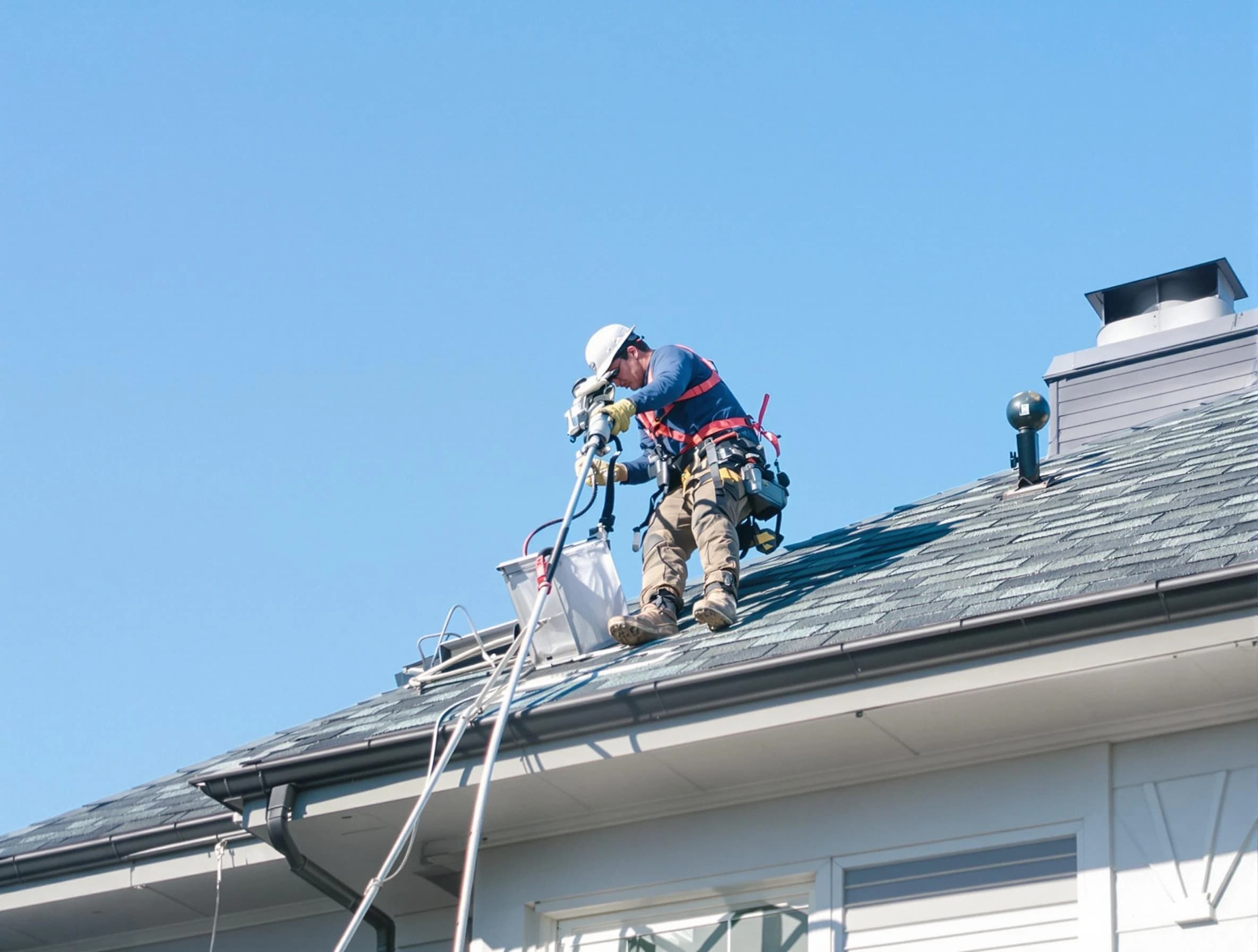 Costa Mesa Dryer Vent Cleaning certified technician cleaning a roof-mounted dryer vent system in Costa Mesa