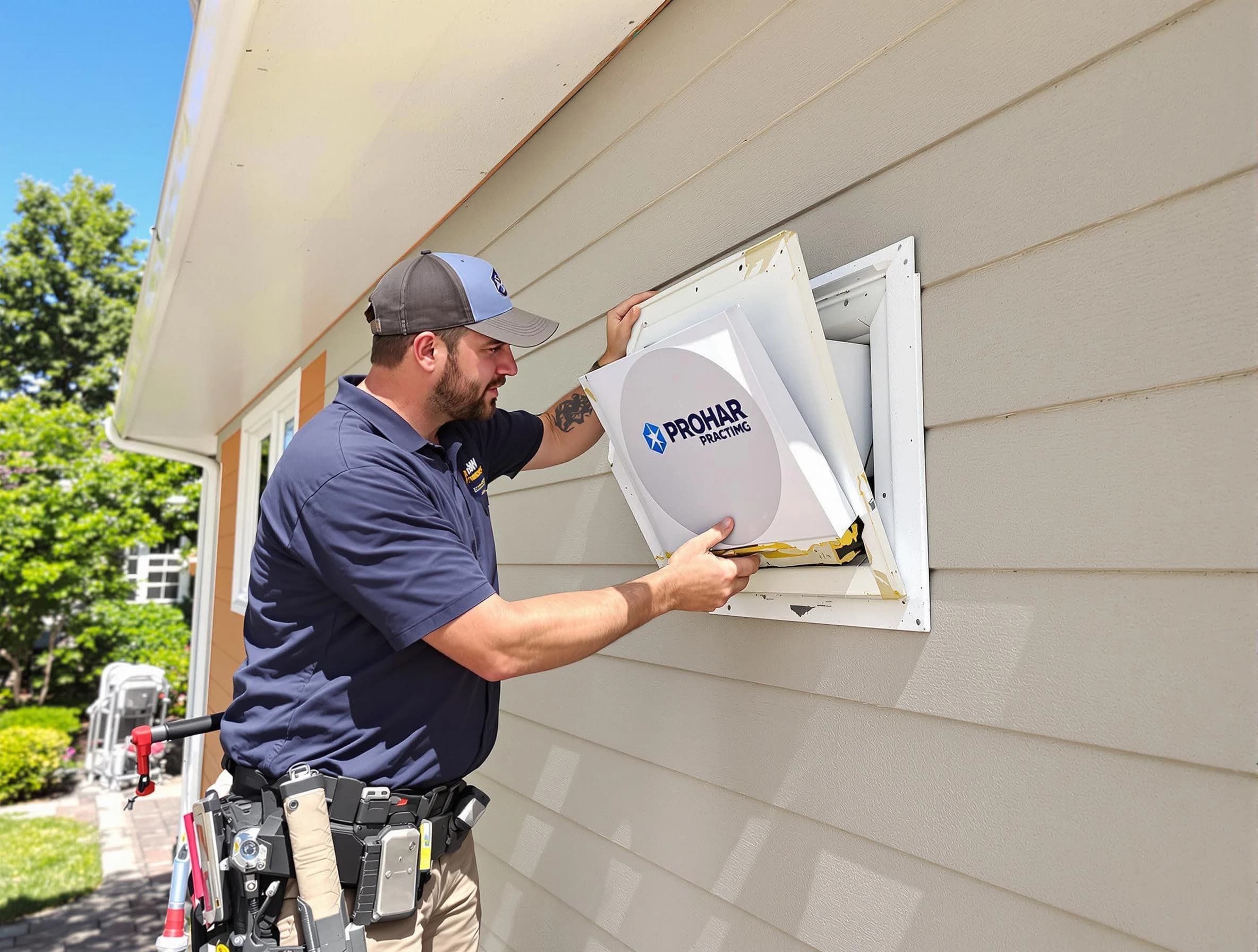 Costa Mesa Dryer Vent Cleaning technician installing a new protective dryer vent cover on a home in Costa Mesa