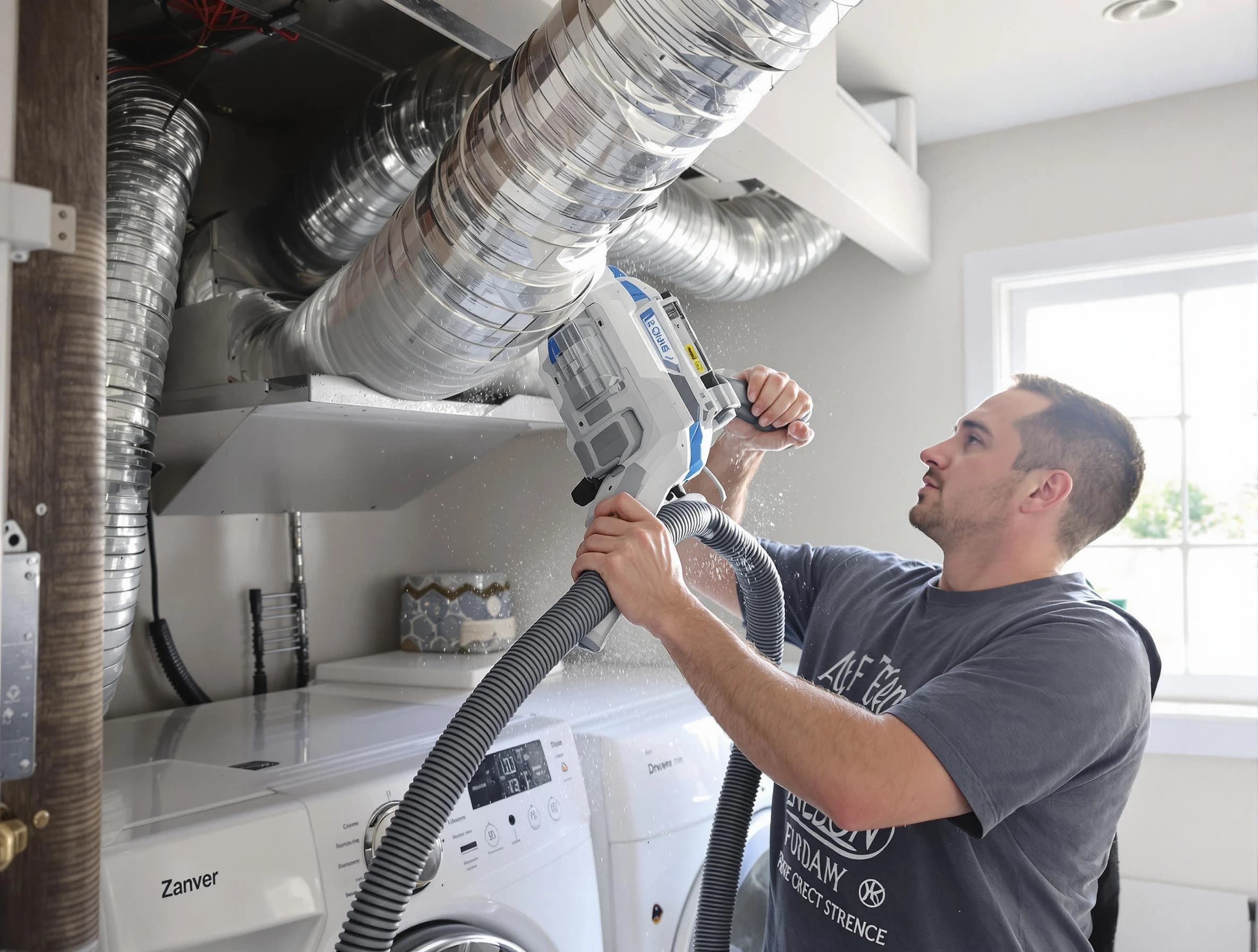 Costa Mesa Dryer Vent Cleaning specialist cleaning deep within a dryer vent duct system in Costa Mesa