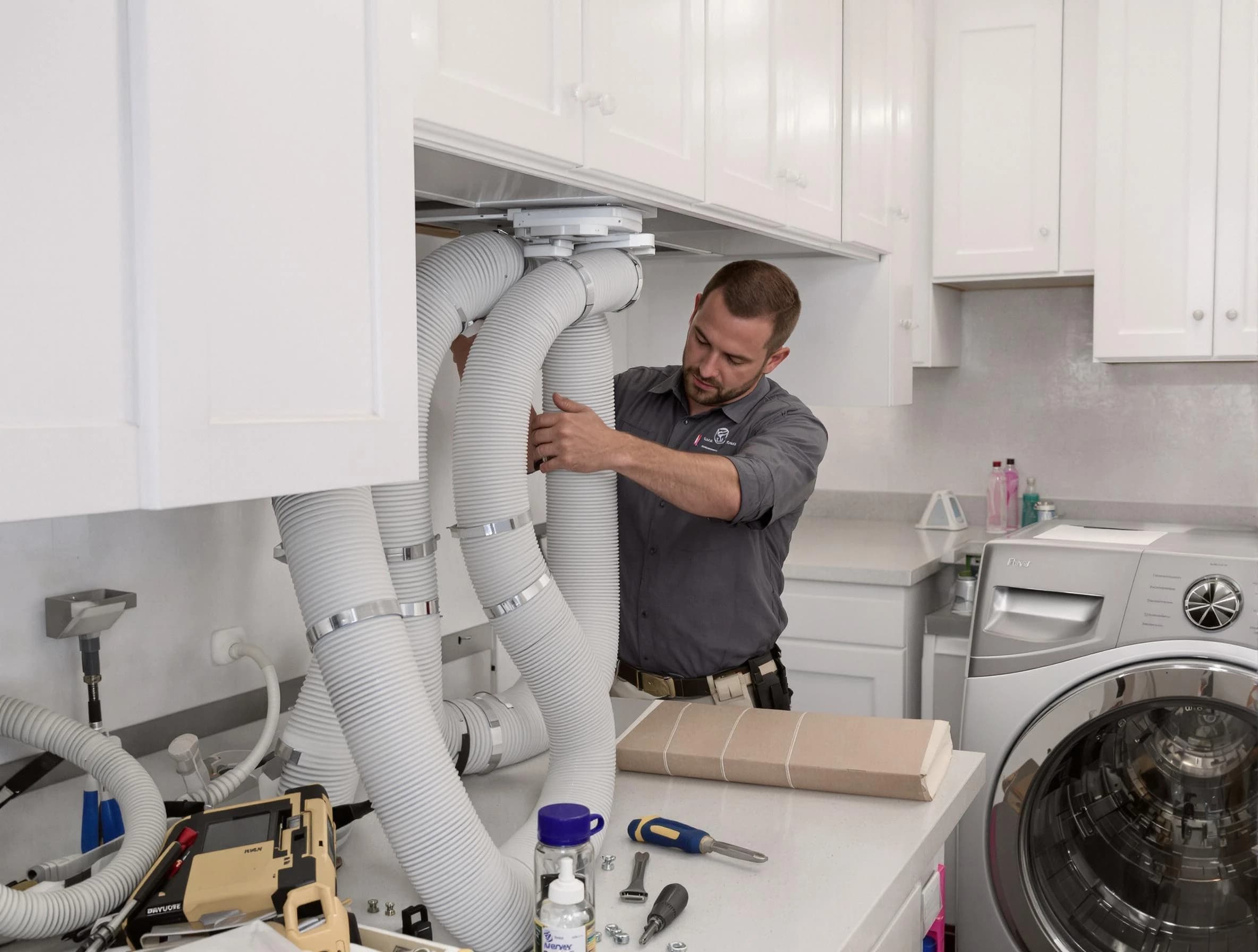 Costa Mesa Dryer Vent Cleaning technician installing a new professional-grade dryer vent hose in Costa Mesa