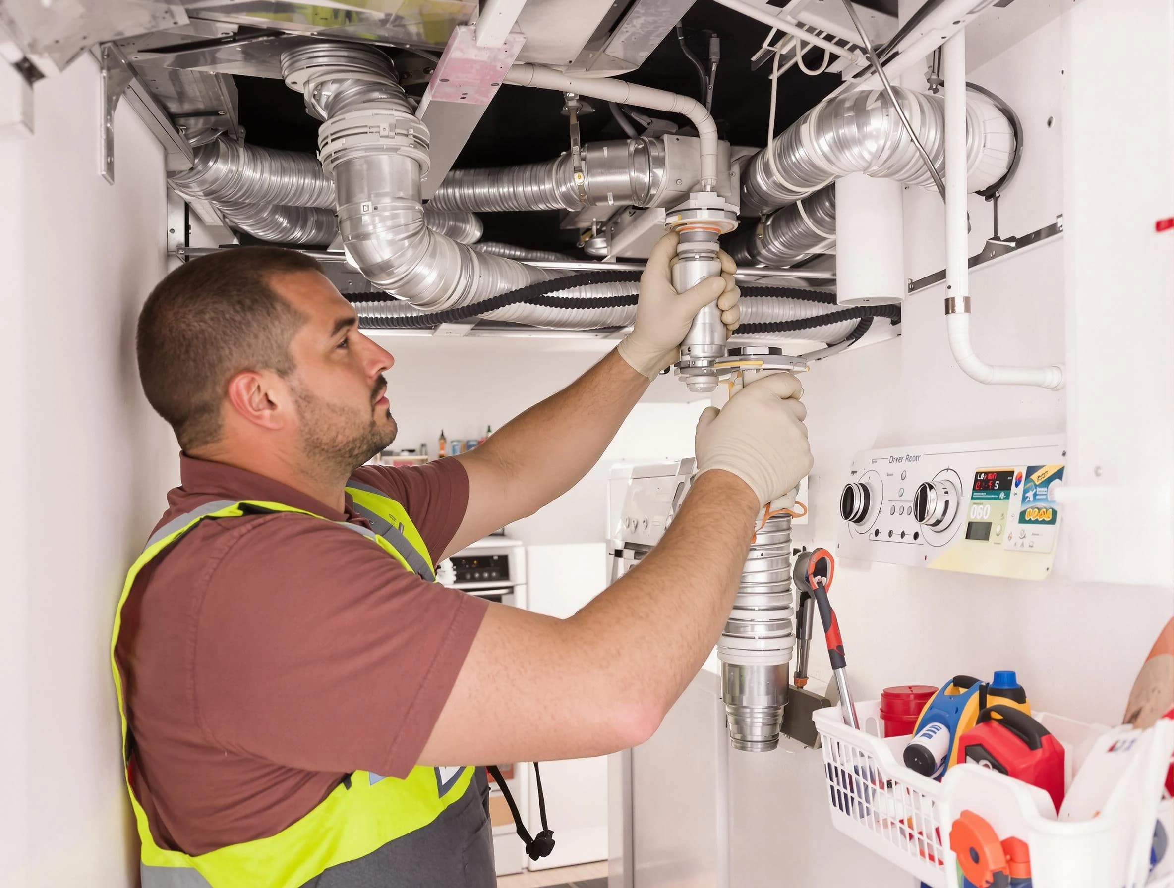 Costa Mesa Dryer Vent Cleaning expert performing both repair and installation work on a dryer vent system in Costa Mesa