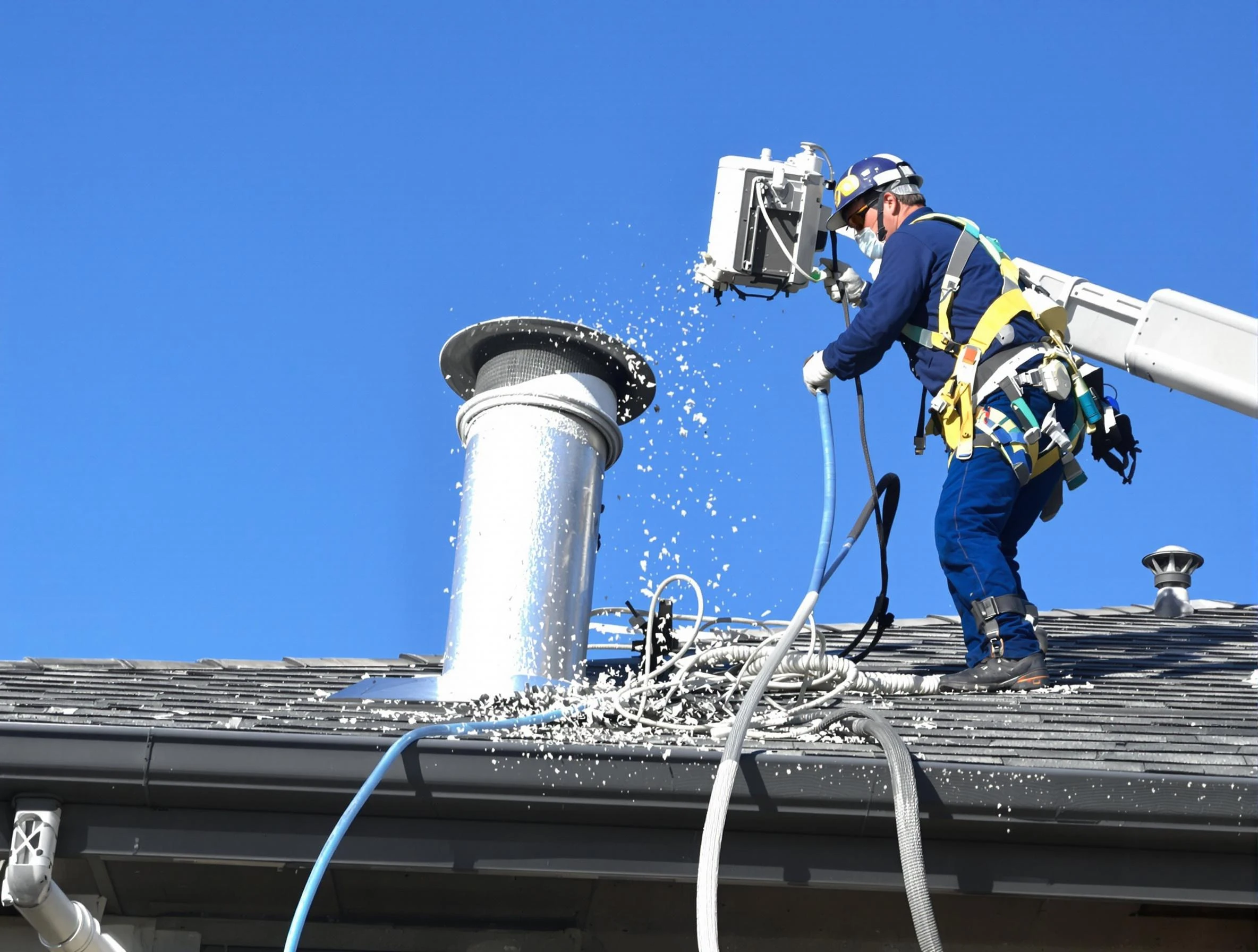 Costa Mesa Dryer Vent Cleaning certified technician safely cleaning a roof-mounted dryer vent in Costa Mesa