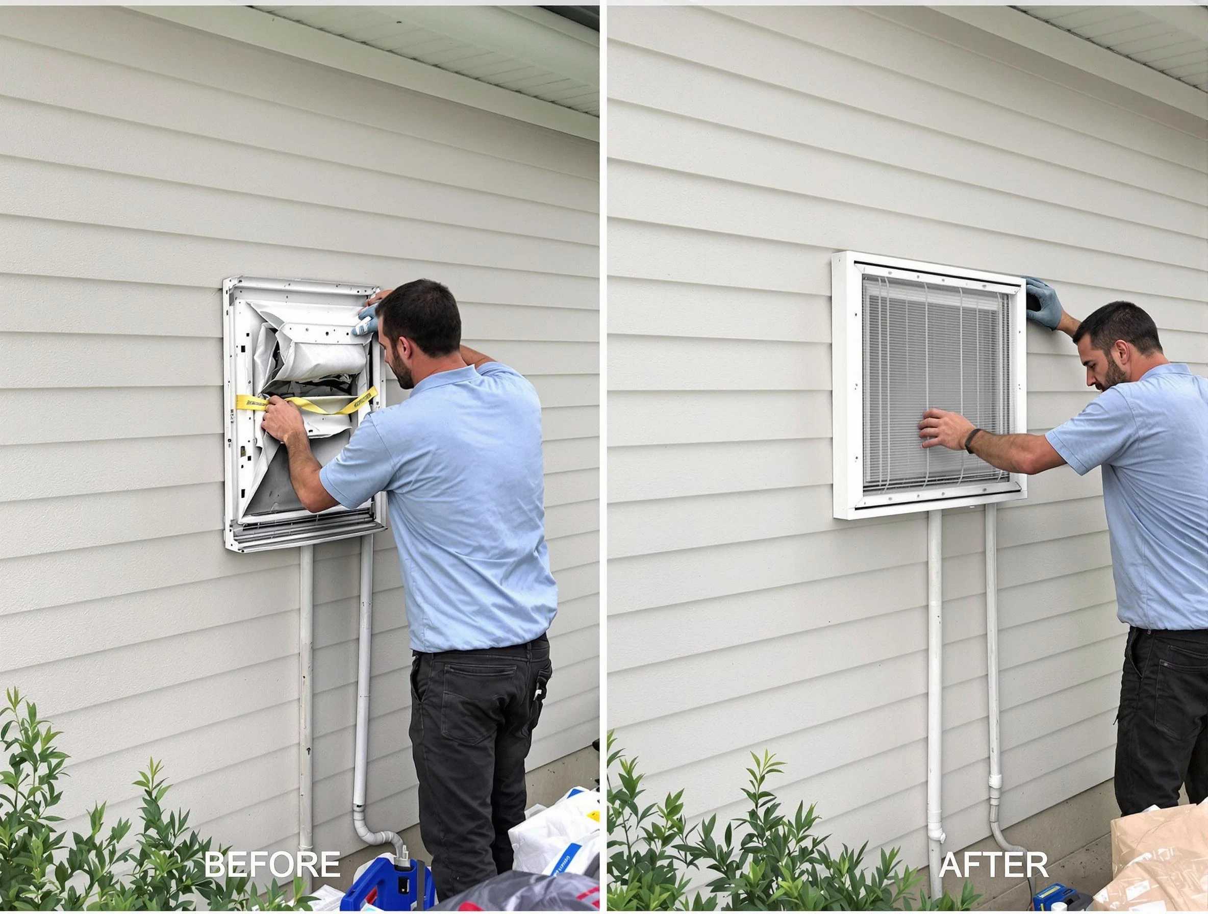 Costa Mesa Dryer Vent Cleaning technician installing high-quality dryer vent cover at a residential property in Costa Mesa