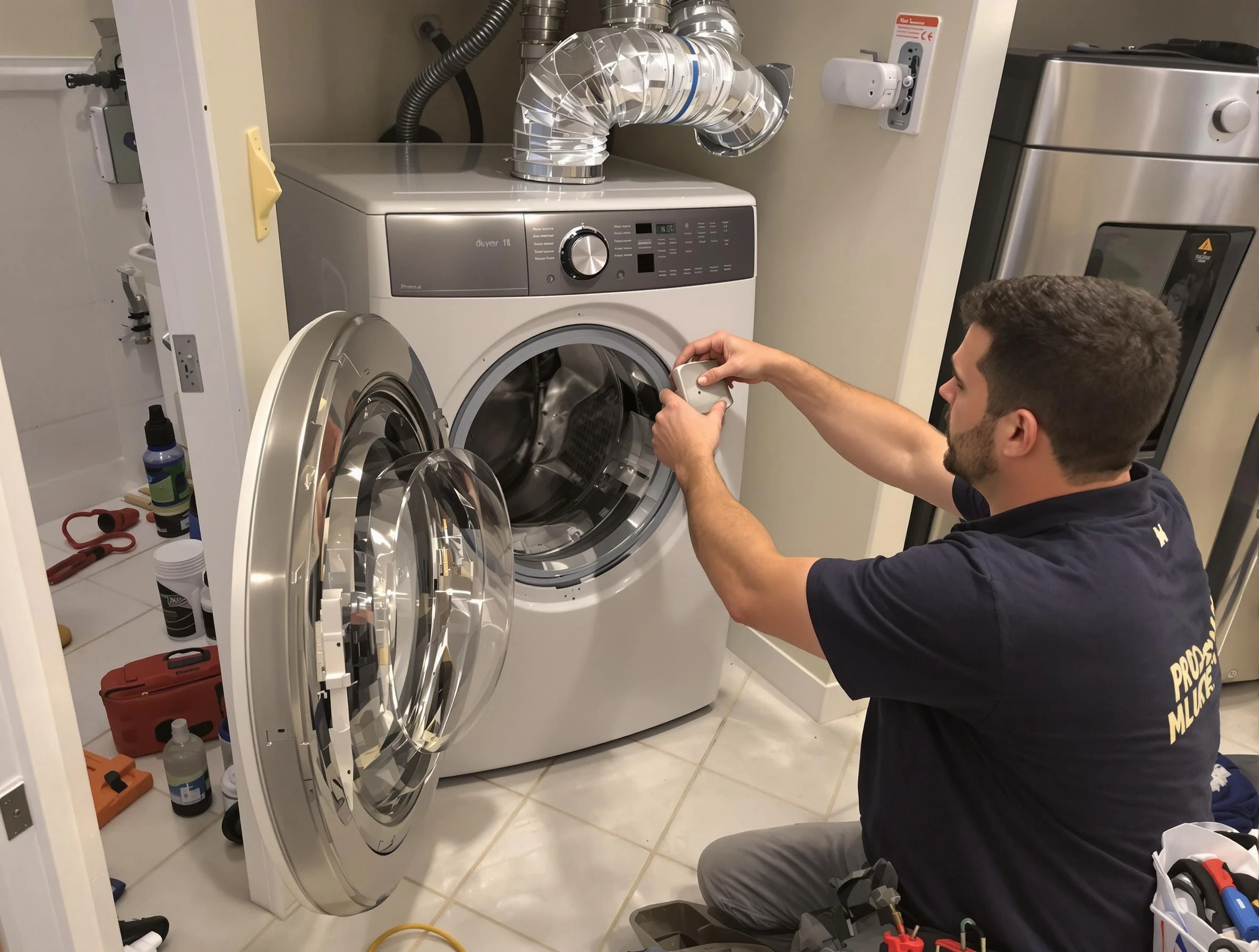 Costa Mesa Dryer Vent Cleaning technician performing precise dryer vent hose installation in Costa Mesa